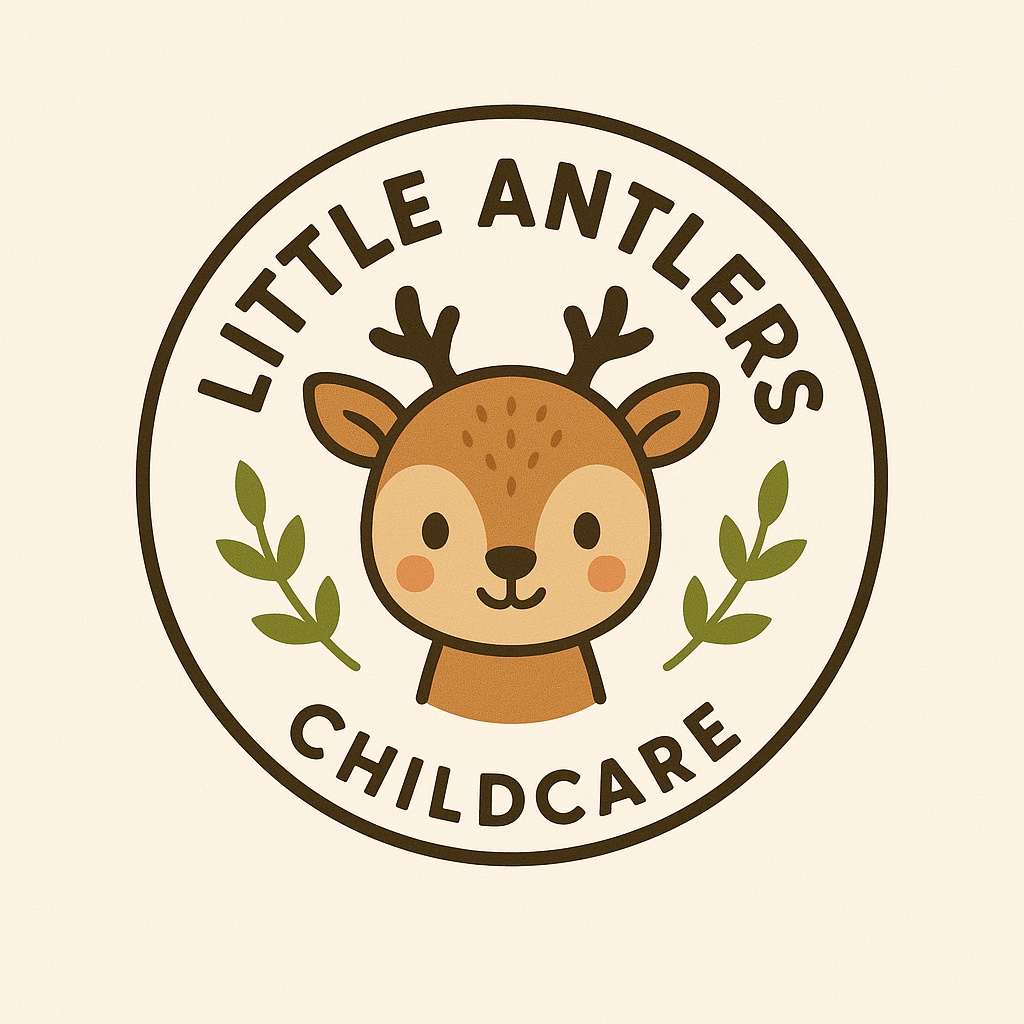 Little Antlers Childcare logo featuring a cute deer with small antlers and green leaf accents.