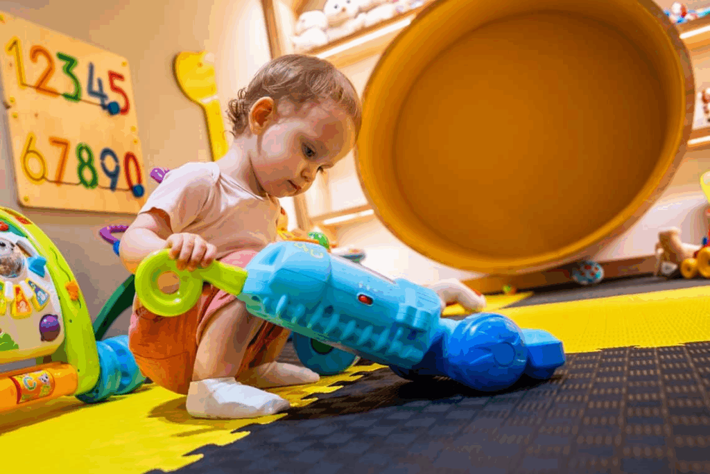 Toddler playing with a toy vacuum cleaner at 3Rs Kids Academy in Helena, Montana.